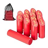 Relaxdays Kubb Wikingerspiel, finnisches Wurfspiel, Holz, Outdoorspiel mit Zahlen, Erwachsene u. Kinder, mit Tasche, rot
