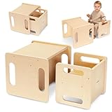 mamabrum Multifunktionaler Kindertisch – Tisch und Hocker mit Podestfunktion – Holzset 39x36 cm – Lernen Spielen und Alltag ab 3 Jahren