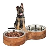 Relaxdays Hundenapfbar, für Hunde, 2 Edelstahlnäpfe, je 2,2l Volumen, HxBxT: 8 x 48 x 22 cm, Futterbar, Natur/Silber
