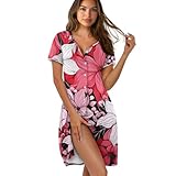 ZIATUBLES Damen-Nachthemd mit Knopfleiste, Rundhalsausschnitt, Schlafanzug, kurzärmelig, Hauskleid, Größe XS-3XL, Retro-Blume, XXL