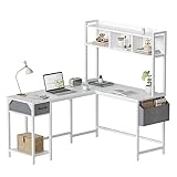 CubiCubi Schreibtisch L Form 148x120cm, Eckschreibtisch mit Schubladen, Regal und Seitentaschen, Computertisch für Homeoffice und Gaming, Weiß