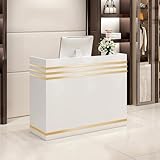 Empfangstresen, Holz-Theke für Kasse & Einzelhandel, Rezeption mit 2 verschließbaren Schubladen, goldene Zierleisten, für Büro Boutique Spa (Weiß)