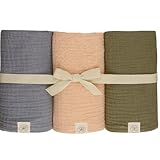 Premium Baby Mulltücher 3er SET grau/lachs-beige/ khaki-braun gekreppt | 64x64cm | 100% BIO-Baumwolle Spucktücher | Musselin Spucktuch Mulltuch Junge Mädchen | Moltontuch Mullwindeln | Geschenk Geburt