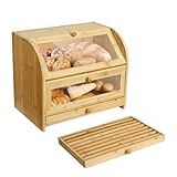 Ribelli Bambus Brotkasten mit 2 Etagen und Schublade, Großer Brotbehälter mit Brotschneidebrett, Holz Brotbox mit Deckel, Lebensmittelecht Brotaufbewahrung
