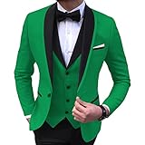 Herren 3 Teiliger, Stilvoller Anzug mit Schmaler Passform Schal Revers Ein Knopf Abschlussball Blazer Sets Casual Party Hochzeit Jacke Weste Hosen Set (Grün,L)