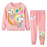 FILOWA Jogginganzug Mädchen Kinder Trainingsanzug Set Baumwolle Sportanzug Einhorn Druck Pullover Sporthose Warm Sportbekleidung Langarm Activewear Frühling Herbst Freizeitanzug Gr.116-122, Dunkelrosa