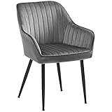 SONGMICS Esszimmerstuhl, Küchenstuhl, Sessel, Samt, Polsterstuhl mit Armlehnen, Loungesessel, bis 120 kg belastbar, Metallbeine, für Esszimmer, Küche, hellgrau-tintenschwarz LDC087G03