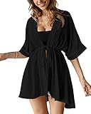 Imily Bela Damen Freizeitkleider V-Ausschnitt halbe Ärmel Knoten vorne Kurzes Kleid-Sommer Strandkleid Übergröße Cover Up Strandkleid Minikleid,Schwarz-M