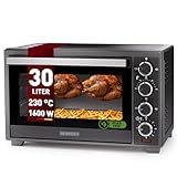 Heinrich´s Minibackofen mit Umluft 30L - Backofen klein mit Drehspieß, Airfryer-Einsatz inkl. Timer, Innenraumbeleuchtung, 100-230 °C, mit großem Sichtfenster, inkl. Zubehör, schwarz, 1600W