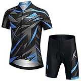 Amur Leopard Jungen Fahrrad Set Mädchen Quick Dry Kurzarm Trikot & Radhose Atmungsaktiver Radsport Anzüge, Schwarz+Blau, 134-140(Herstellergröße: XL)