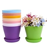 TOKERD 10 Stück 14cm Pflanztöpfe Kunststoff mit Untersetzer Rund Blumentöpfe Plastik Anzuchttöpfe Verdicken töpfe Einpflanzen für Sämlinge Miniaturpflanzen Drinnen und Draußen(8 Farben)