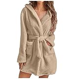 Keepink Bademäntel für Damen, flauschiger Bademantel, Damen, Teddy, Flanell, Fleece, mit Kapuze, übergroß, weich, warm, Loungewear, gemütlicher Bademantel, 02 Khaki, 12