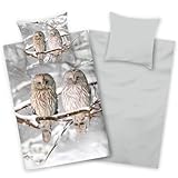 Aminata kids Biber Bettwäsche Eule 135x200 Baumwolle Tier-Motiv, Reißverschluss warm & kuschelig, Flanell-Winter-Bettwäsche-Set - Wendebettwäsche mit Winterlandschaft grau