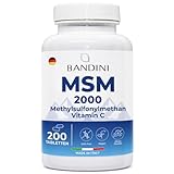 Bandini® MSM - 2000mg mit 40mg VITAMIN C pro Tagesdosis - Kompakteres Methylsulfonylmethan Pulver als bei Kapseln - Ohne Magnesiumstearat, hochdosiert, Vegan, ohne Zusätze, laborgeprüft - 200 Tab