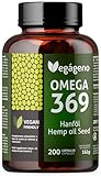 Vegageno Omega 3-6-9 Kapseln – 200 Kapseln mit Hanföl & natürlichem Vitamin E – Hochdosiert, Vegan, ohne Fisch – GVO-frei, glutenfrei – Für Veganer & Vegetarier geeignet