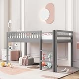Ojiuboo, Kinderbett, Massivholzbett, Lattenrost mit Sicherheitsleiter, aus hochwertigem Holz, stabil und stabil, modernes Design, geeignet für Familienschlafzimmer, Grau, 90 x 200 cm