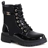 topschuhe24 3119 Damen Lack Stiefeletten Worker Biker Boots, Farbe:Schwarz, Größe:39 EU