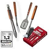 LEÓN Goods® : Grillzubehör Set [+Grillbürste] Grillzange, Grillwender, Grillgabel, Grillreiniger auch für Gasgrill! Geschenkset aus Edelstahl und Akazienholz. (4-TLG.)