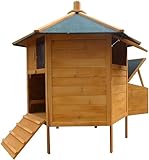 Melko Hühnerstall 6-Eck Hühnervoliere Pavillion, aus Holz, 131 x 125 cm, braun mit grüner Dachpappe, inkl. Rampe + 2 Hühnerstangen + Nestbox | für 5-8 Hühner |