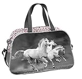 Reisetasche Mädchen Kinderreisetasche Pferd Schwimmtasche Sporttasche Umhängetasche Weekender (19HS) - 40 x 25 x 13 cm, grau