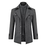 Allthemen Herren Wintermantel Wolle Kurzmantel Stehkragen Wollmantel Mittellang Mantel Winter Winterjacke Business Peacoat Slim Fit Casual Grau(gestepptes Innenfutter） L