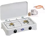 Campingkocher Kocher 2 flammig von Parker mit Deckel Gaskocher Anschlussfertig mit Schlauch und Regler 5326CB