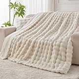 Kunstfelldecke, weiche und gemütliche Plüsch-Überwurfdecke, volle Größe für Bett, Sofa und Wohnzimmer, flauschiges Kaninchenfell, Blasenstruktur, warm, groß und stilvoll, 152,4 x 203,2 cm, Cremeweiß