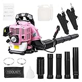 Laubbläser Benzin, 2 Takt Motor Laubsauger Benzin Rückentragbar, Laub Bläser mit Schultergurt & Anti-Vibrationsgriff, Blasgerät für Garten, 1,25KW Leistung, 550 CFM Luftvolumen (Rosa)