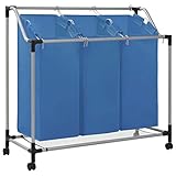 WIFESE Wäschesortierer mit 3 Taschen Blau Stahl 96x40x73 cm Wäschetonne Wäschesammler Laundry Baskets Wäschekorb mit Rollen Wäschekorb Badezimmer Wäschebehälter für Schmutzwäsche Leicht Zu Bewegen
