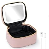 MOWETOO Kosmetiktasche klein mit Spiegel und Licht, Mini-Makeup-Tasche mit 3 LED-Leuchten Farbe Helligkeit einstellbar, Reise-Kosmetiktasche, Kulturtasche für Frauen, Geschenk für Frauen (Rosa)