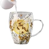 Syengery Doppelwandige Glastasse Mit Blumen, 350ml Isolierte Kaffeetassen Aus Mit Henkel, Teegläser Trinkgläser Für Milch, Schokolade, Tee, Saft Und Heiße, Kalte