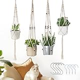 Leseed Makramee Blumenampel 4er Set, Handgefertigte Baumwolle Blumenampel Hängend Innen, mit 8 Verschiedenen Haken, Alles Natürlich Hängepflanzen Topf, Perfekt für Balkon Deko und Wohnzimmer