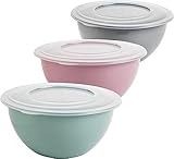 Salatschüssel mit Deckel 5l, Schüssel mit Deckel, 3er Rührschüssel set, BPA-frei Kunststoff (PP), Farbe: hell grau, pastell rosa, pastell grün, Transparent Deckel, Ø 28cm, Made in EU, Model Kai