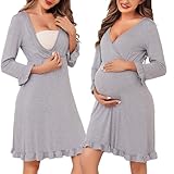 Bresdk Stillnachthemd Damen Geburtskleid 3/4 Ärmel Baumwolle Stillkleid Umstandskleid Nachthemden Für Schwangere Grau S