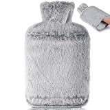 BOLEi Wärmflasche mit Weichem Bezug –Auslaufsicher 2L Groß Wärmflaschen mit Känguru-Tasche,Naturkautschuk +Bettflasche Flauschig,Geschenke für Männer Frauen (Grau)