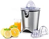 ROMMELSBACHER Zitruspresse ZP 60/E - leistungsstarker/leiser Motor, Edelstahlsieb, klappbare Auslauftülle, Nachtropfstopp, 2 Presskegel (für große und kleine Früchte), 100 Watt, Edelstahl