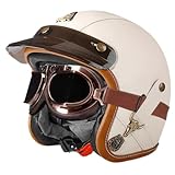 Motorradhelm Retro Halbhelm DOT/ECE Zertifizierung Offener Helm 3/4 Lederhelme Jethelm Mit Schutzbrille Vintage-Stil Halbschalenhelm Scooter-Helm Motorrad-Sturzhelm 1,M:57-58CM
