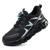 AEKYIWL Sicherheitsschuhe Herren Damen Arbeitsschuhe Leicht Sportliche Atmungsaktiv Schnürsenkel Ohne Binden Drehverschluss Stahlkappenschuhe rutschfest Schwarz, 44 EU