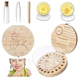 FIDWALL Milchzahndose und Zahnfee-Münzen-Set, Zahndose aus Holz für Mädchen & Jungen, Milchzahndose mit Haarlocken-Aufbewahrung, Zahnfee Münzen als Geschenk für Kinder, Erinnerung an erste Milchzähne