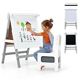 HOMASIS 3 in 1 Kindertafel mit Stuhl, doppelseitige Kinder Staffelei mit Papierrolle, Kreidetafel & Whiteboard, höhenverstellbare Spieltafel mit Aufbewahrungsbox, für Kinder ab 3 Jahren (Grau)