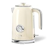 Wiltal Wasserkocher [1,7L, 2200W], Retro Creme, Edelstahl, Toaster Wasserkocher set Retro (Wassertemperaturanzeige im Retrodesign, außenliegende Wasserstandsanzeige) Vintage Teekocher…
