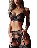 NewBull Damen Sexy Strapsen Dessous-Sets 3-Teilige Unterwäsche Set Transparent Spitze Straps Gürtel mit 4 Halter Verstellbar Bügel BH Lace Tanga Rose Schleifen Strumpfhalter (Schwarz, M)