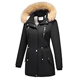 MODFUL Damen Fleece Daunenjacke Abnehmbare Kapuze Verdicken Sherpa Wintermantel Coat (Schwarz, M)