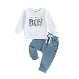 Geagodelia Baby Jungen Kleidung Outfit Babykleidung Set Langarmshirt Sweatshirt + Hose Neugeborene Weiche Babyset Mama's Boy Zweiteiler (A - Weiß & Blau, 12-18 Monate)
