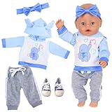 4 Stück Puppenkleidung Kompatibel mit 35-43 cm New Born Puppen, Blaue Süße Kleidung für 14-18 Zoll Babypuppen mit Kapuzenpullover Hose Schuhen Stirnband, Neue 43cm Baby Kleidung