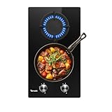 TOPWISH Gaskochfeld, Gaskochfeld 2 Flammig, 30cm Schwarzes Gehärtetes Glas Gaskochfeld, Eingebau Gaskocher mit Gusseisernen Stützen, NG/LPG Konvertierbar, Automatischer Thermoelementschutz, 4750 Watt