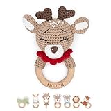 Muckelmeister Greifling personalisiert mit Namen - Holz Beißring Baby gehäkelte Tiere - Babyrassel - Babygeschenke zur Geburt für Mädchen/Jungen - kleine Geschenke für Neugeborene - Rentier
