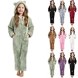 Teddy Fleece Einteiler Overall Mädchen Langarm Fleece Onesie Kinder mit Bärenohren Kapuze Und Reißverschluss Warm Plüsch Schlafanzug Herbst Winter Pyjama Schlafoverall Hausanzug (Red-1, 6-7 Years)