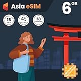 Asia Travel eSim-Karte – 6 GB Daten, 15 Tage, 28 asiatische Länder. Kein Tageslimit. Einfache Aktivierung. E-SIM-Karte für Internationale Reisen. Nur für eSim-kompatible Mobiltelefone, iPads, Tablets
