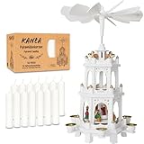 BRUBAKER Weiße Weihnachtspyramide inkl. 50er Pack Pyramidenkerzen Weiß - Holzpyramide mit 3 Etagen & Holz Figuren Handbemalt - 45 cm Pyramide Weihnachten - Drehbare Tischpyramide